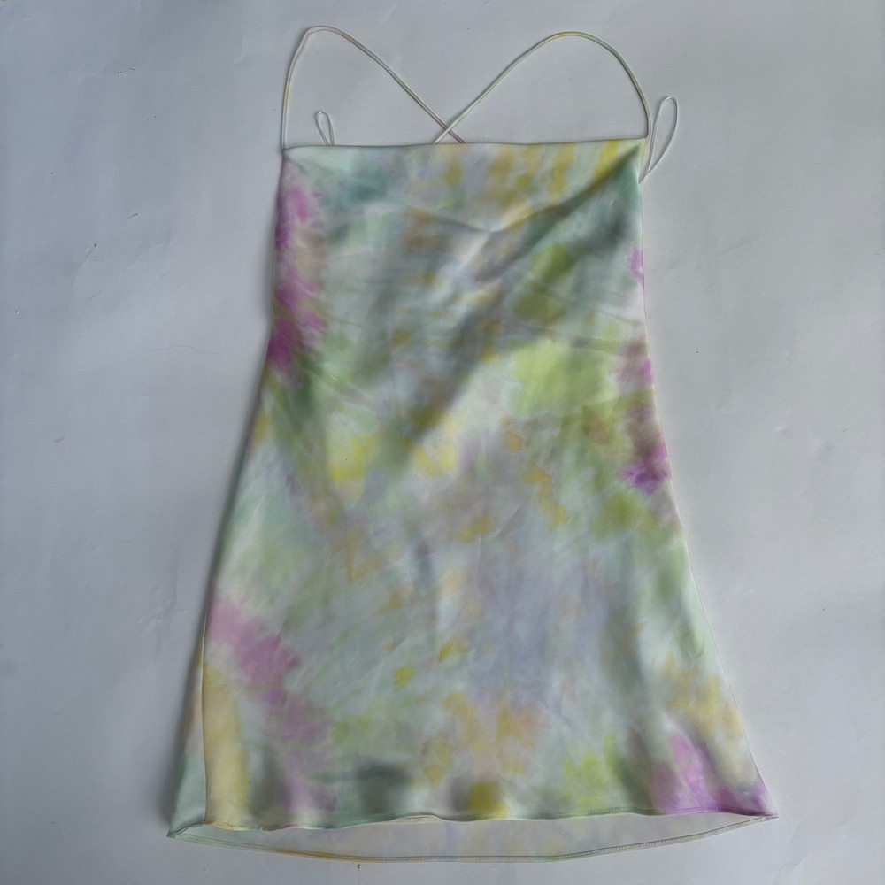 Zara Pastel Tie Dye Satin Slip Dress Cowl Neck Strappy Back Mini Size M